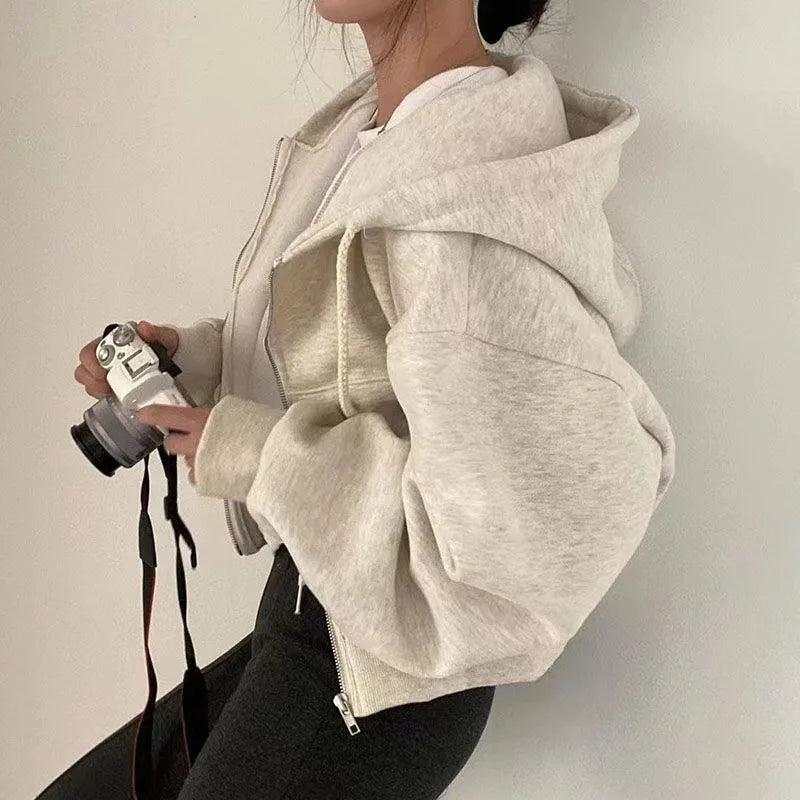 Sweat-shirt à capuche zippé bleu marine chaud, doublé polaire, coupe courte et slim, collection printemps-automne 2024 pour femme