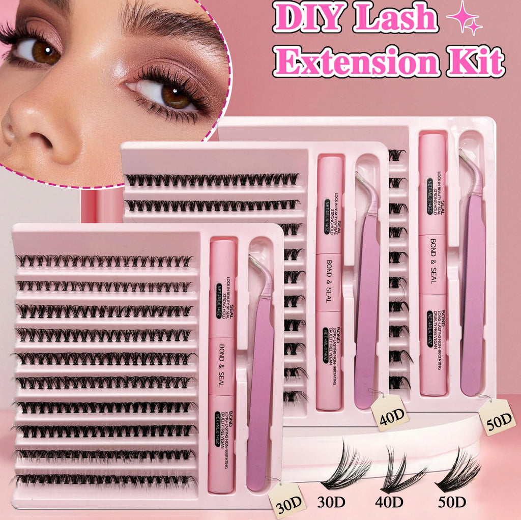 DiY Cluster Lashes Kit 200 Pcs: 8-16mm Mixed, Bond & Seal Glue, Tweezers for Natural Self Application Look