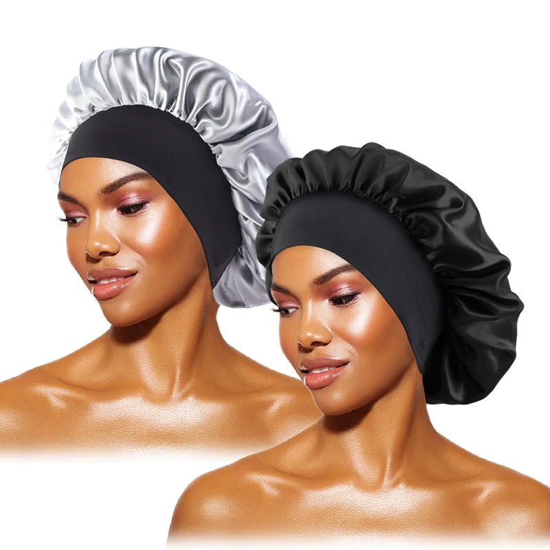 Bonnets solides en Satin pour femmes, Bonnet de bain à larges bords pour dormir la nuit, unisexe, bandeau élastique, Bonnet de soins capillaires