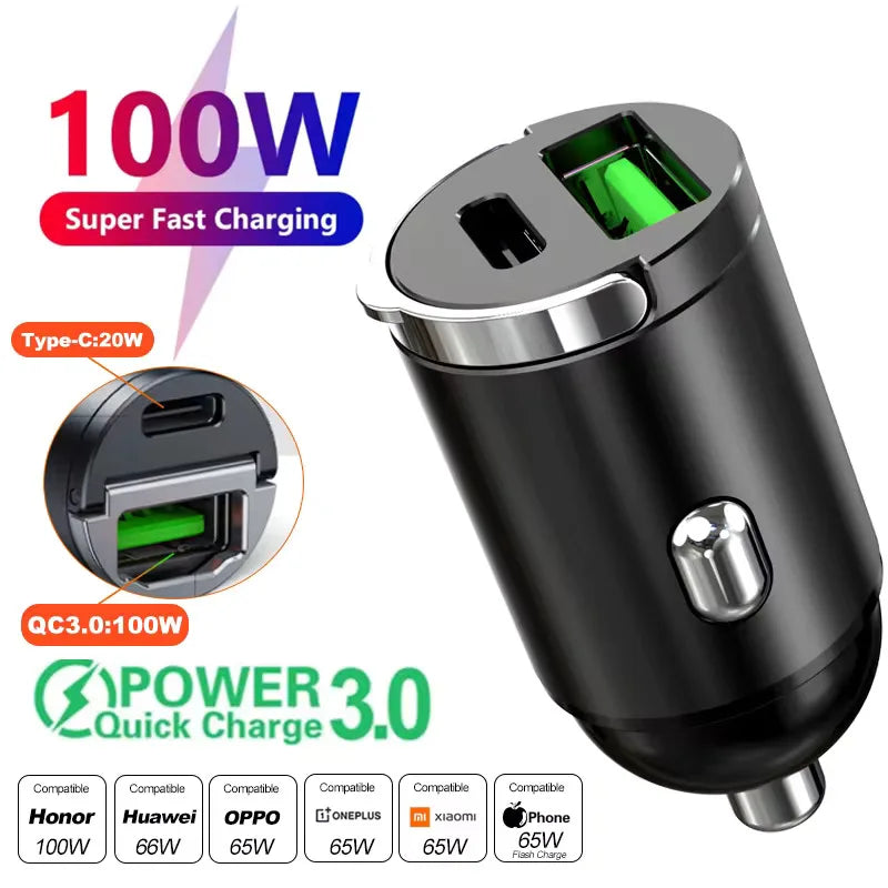 Mini chargeur de voiture 100W/200W QC3.0 PD, briquet 12-24V, charge rapide, USB Type C, pour Xiaomi Samsung Huawei iPhone Power
