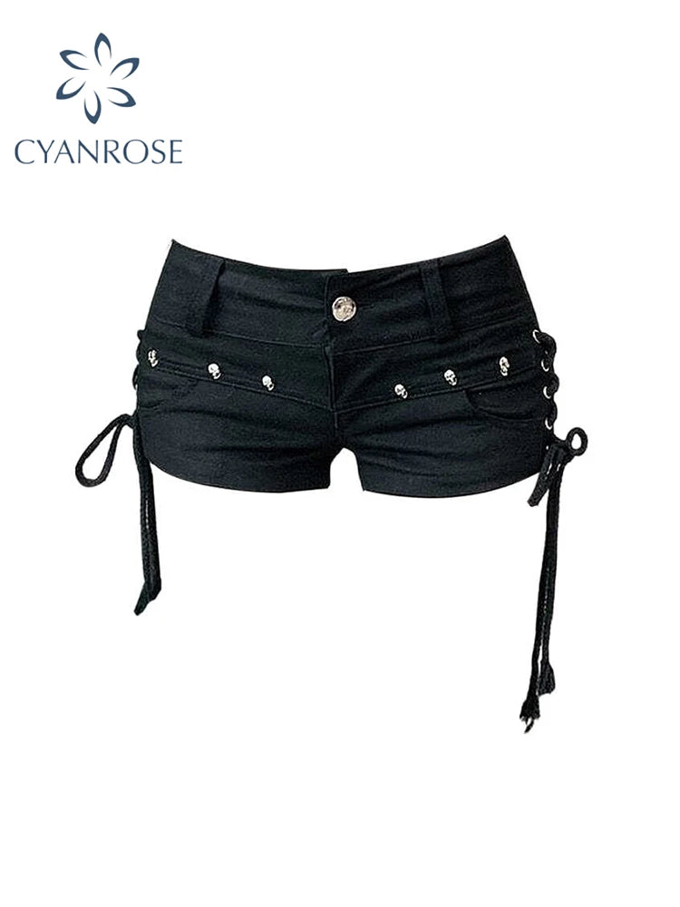 Short en Jean gothique noir pour femmes, Vintage, esthétique, coréen, taille basse, Harajuku Y2k, pantalons courts de Cowboy, vêtements d'été