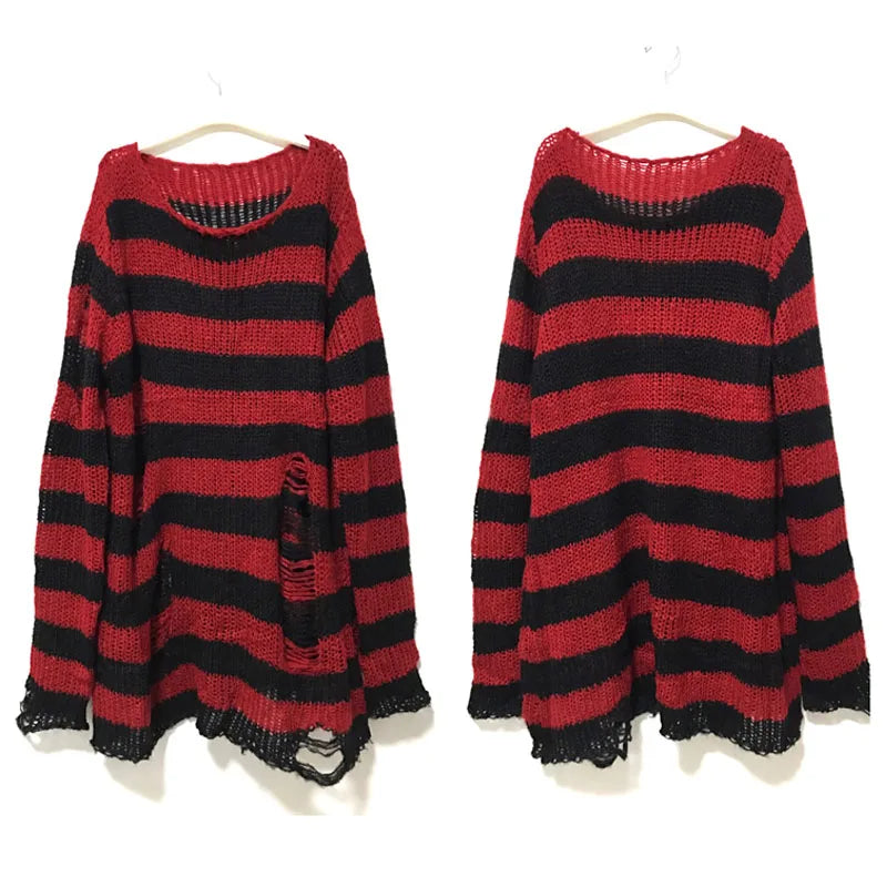Nouveau Punk gothique Long unisexe pull été femmes rayé Cool creux trou cassé pull lâche Rock mince foncé Streetwear haut