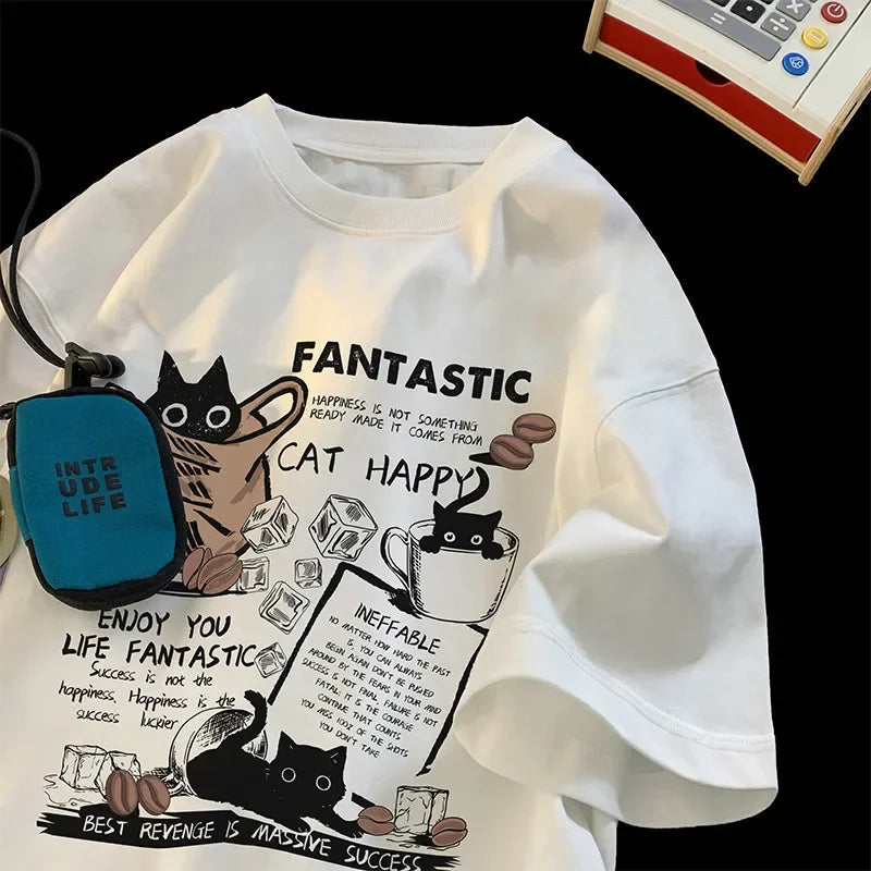T-shirt unisexe oversize style coréen, imprimé chat de dessin animé, manches courtes, coupe décontractée