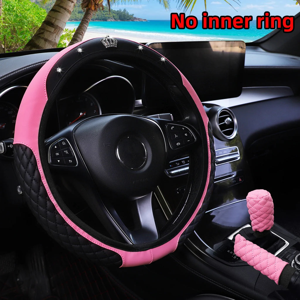 Couronne en cuir PU avec incrustations de diamants pour voiture, sans anneau intérieur, couvercle de volant, couvercle de changement de vitesse, couvercle de frein à main, 3 pièces