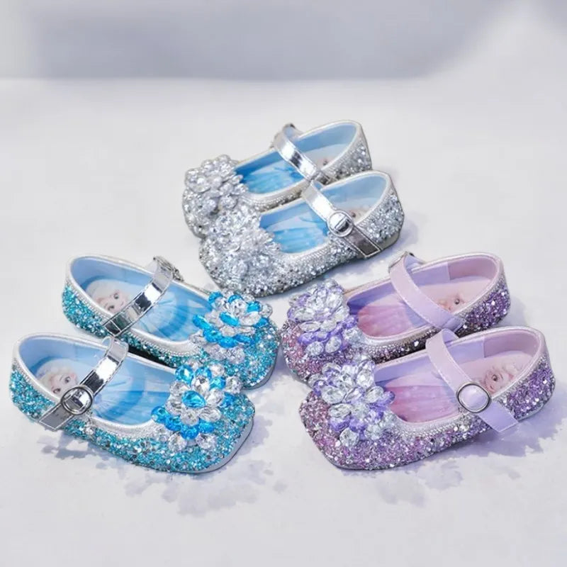 Chaussures décontractées pour enfants Elsa Princesse La Reine des Neiges en cuir PU à paillettes et cristaux, semelle souple antidérapante, violet et bleu, pointures 23 à 34