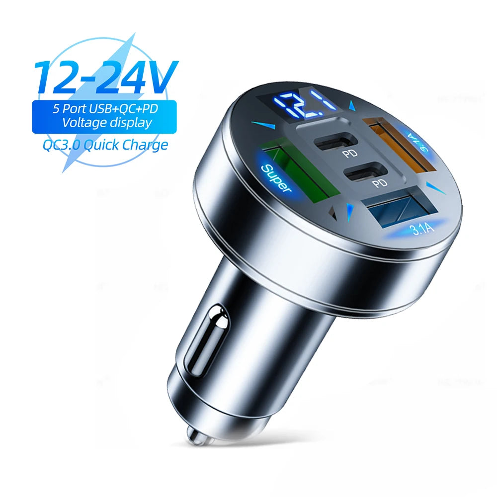 Chargeur de voiture 250 W à 5 ports, charge rapide PD QC3.0, adaptateur secteur USB-C pour iPhone, Samsung, Huawei et Xiaomi. Compatible avec les tensions indiquées