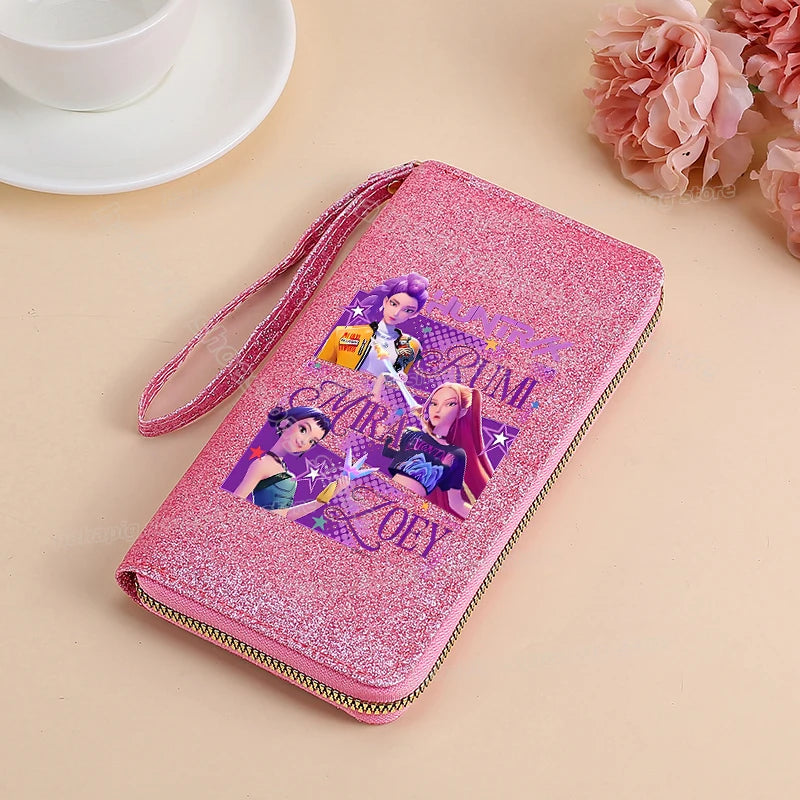 Portefeuille long KPop Demon Hunters pour femmes, à paillettes et fermeture éclair, en cuir PU, porte-monnaie, porte-cartes d'identité, pochette pour femme