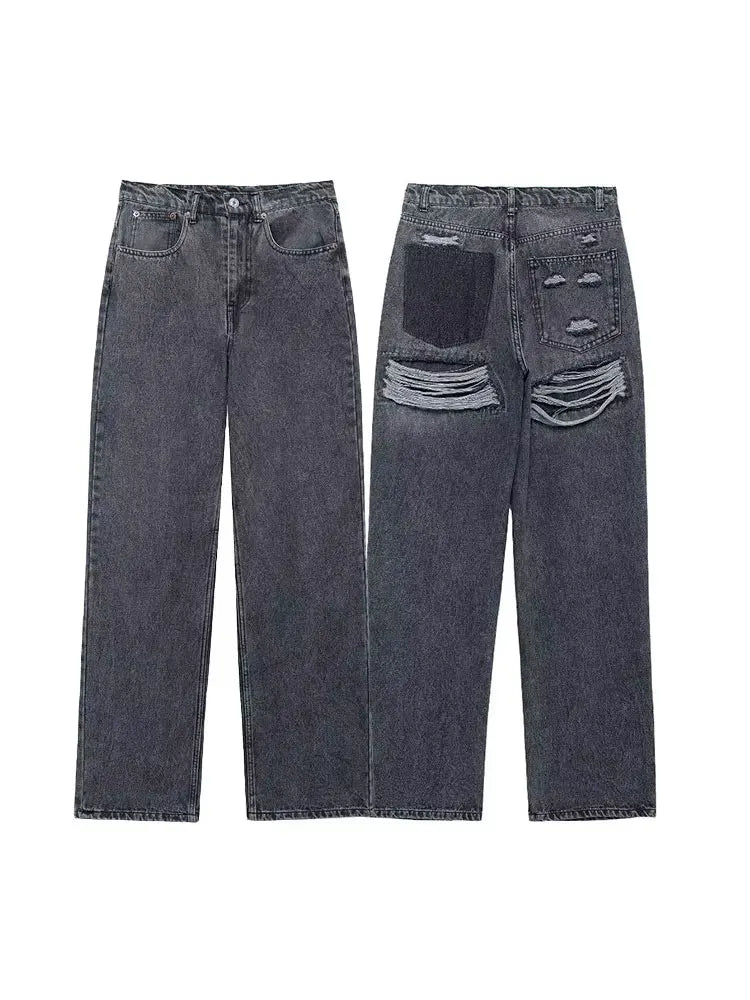 HH 2024 femmes rue mode Denim bleu jean en détresse Patchwork taille haute veste pour homme déchiré rétro pantalons longs