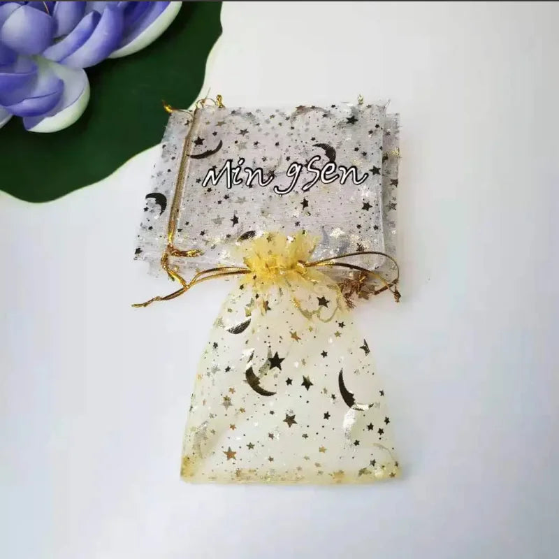 50PCS White Moon Stars Drawstring Organza Bags Jewelry Gift Bags Pouches Gold Star Organza Favor Pouches for Christmas Wedding