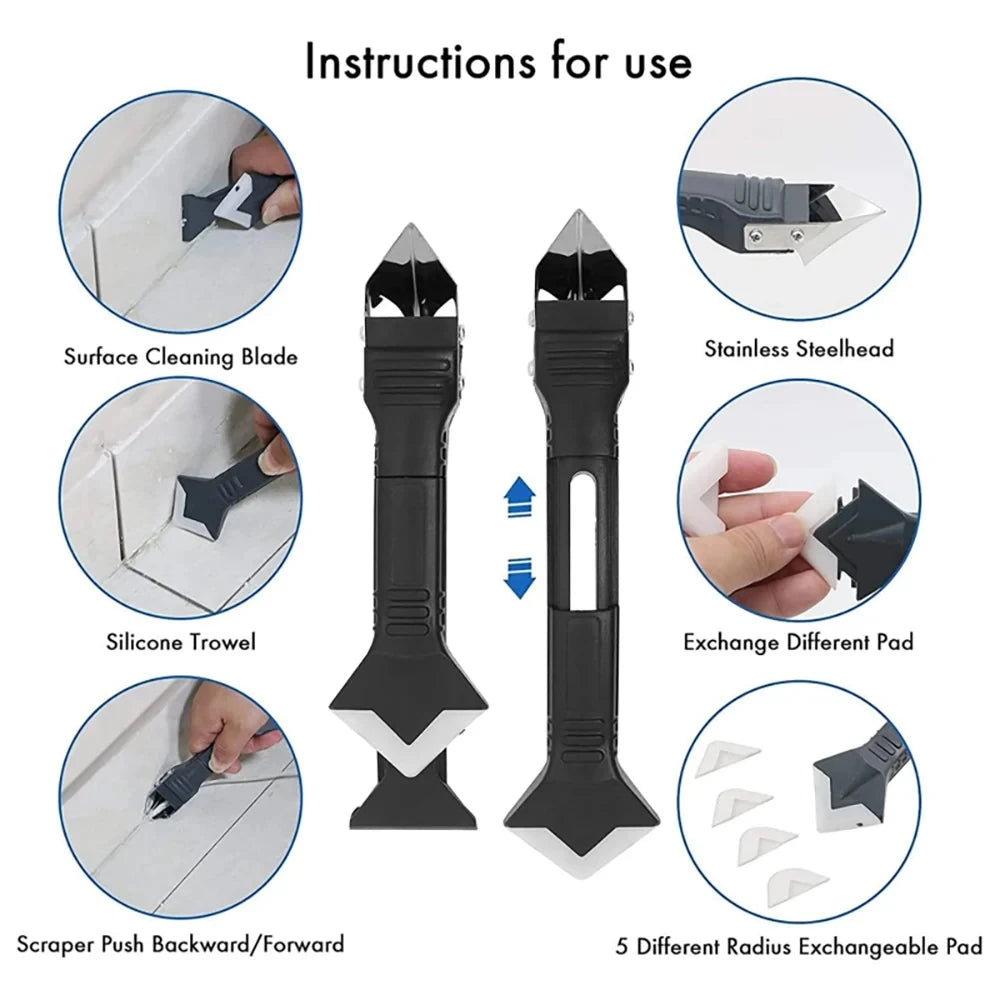 Kit d'outils de colle pour pelle à tête métallique 5 en 1 : spatule en silicone, dissolvant de calfeutrage, retrait de coulis, finition de mastic et déchets de coin