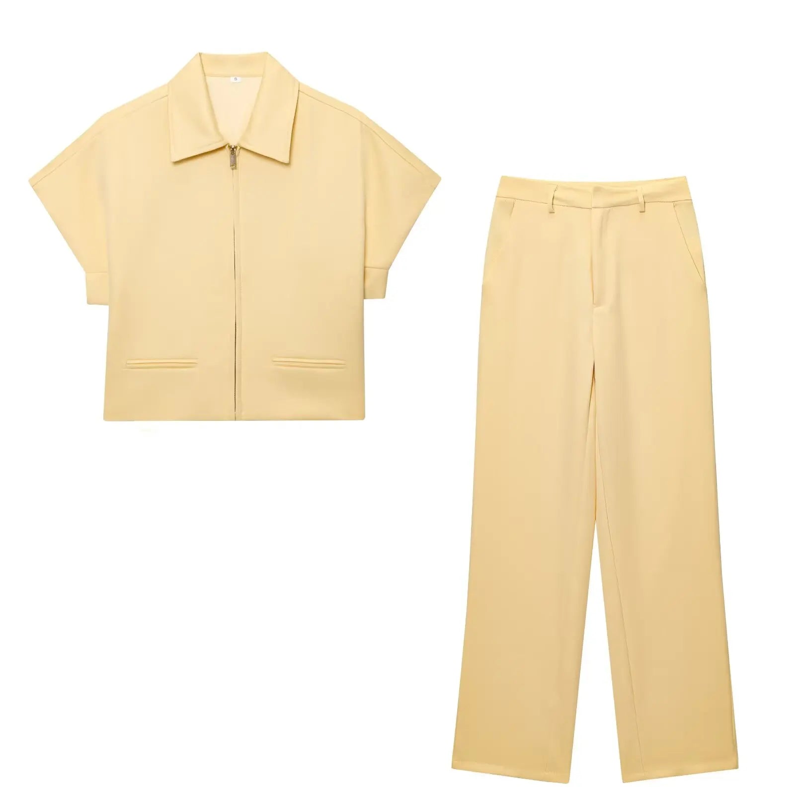 TFMLN – ensemble deux pièces pour femmes, mode, Slim, revers, fermeture éclair, manches courtes, manteau, haut, jambes larges, pantalon, loisirs, noir, été, 2025