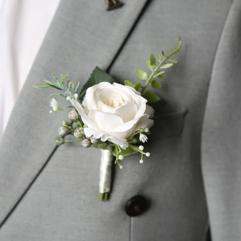 Boutonnière élégante pour marié, fleurs pour costume d'homme, roses artificielles, corsage de poignet, accessoires de mariage