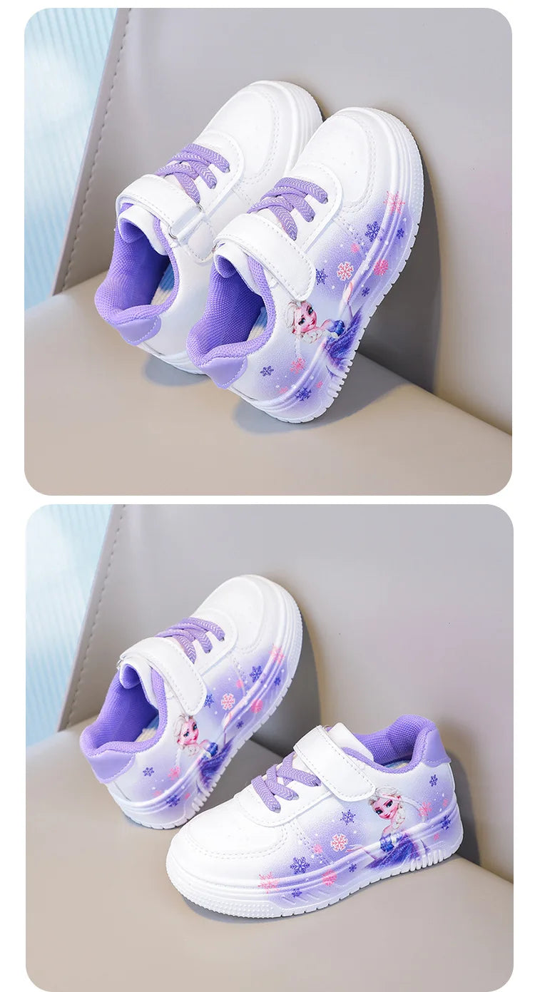 Chaussures blanches Disney pour filles, en cuir PU, motif princesse Elsa de La Reine des Neiges, chaussures de sport plates imperméables pour bébé fille, pointure