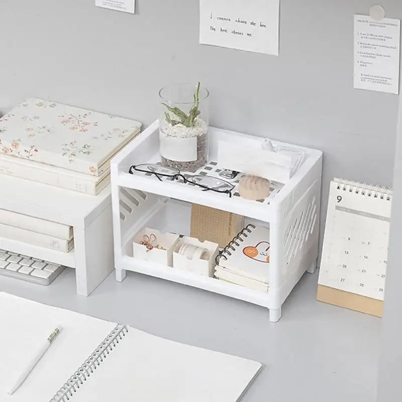 1 étagère de rangement rectangulaire blanche à double niveau en polypropylène (PP) pour bureau, idéale pour organiser le bureau des étudiants, les cosmétiques et la papeterie