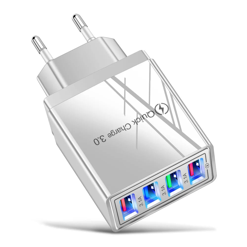 Chargeur secteur 3,1 A (UE/US) avec 4 ports USB pour la maison et les voyages, compatible avec iPhone 12, 13, 14, 15 Pro Max, Samsung, Xiaomi et Huawei