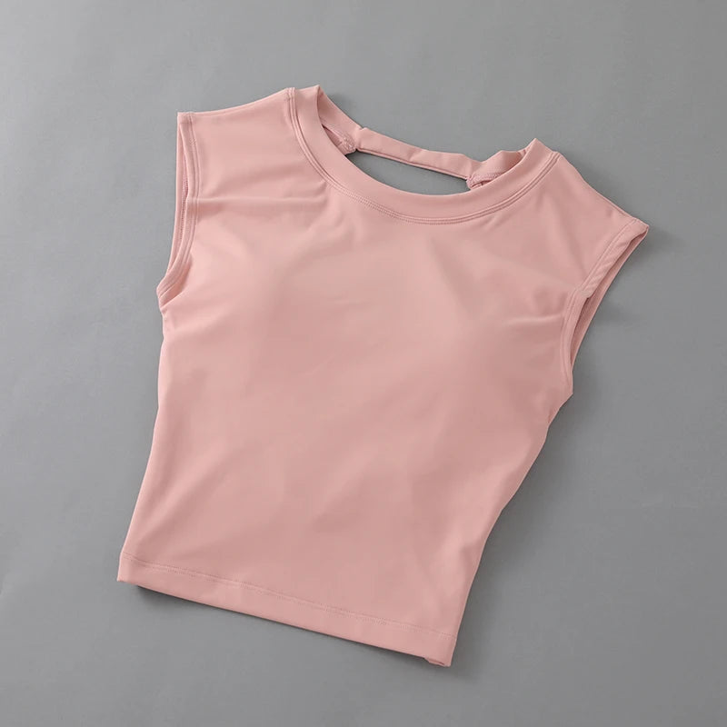 T-shirt de sport court, dos nu, avec coussinet de poitrine fixe, gilet moulant pour femmes, haut de yoga sans manches à séchage rapide