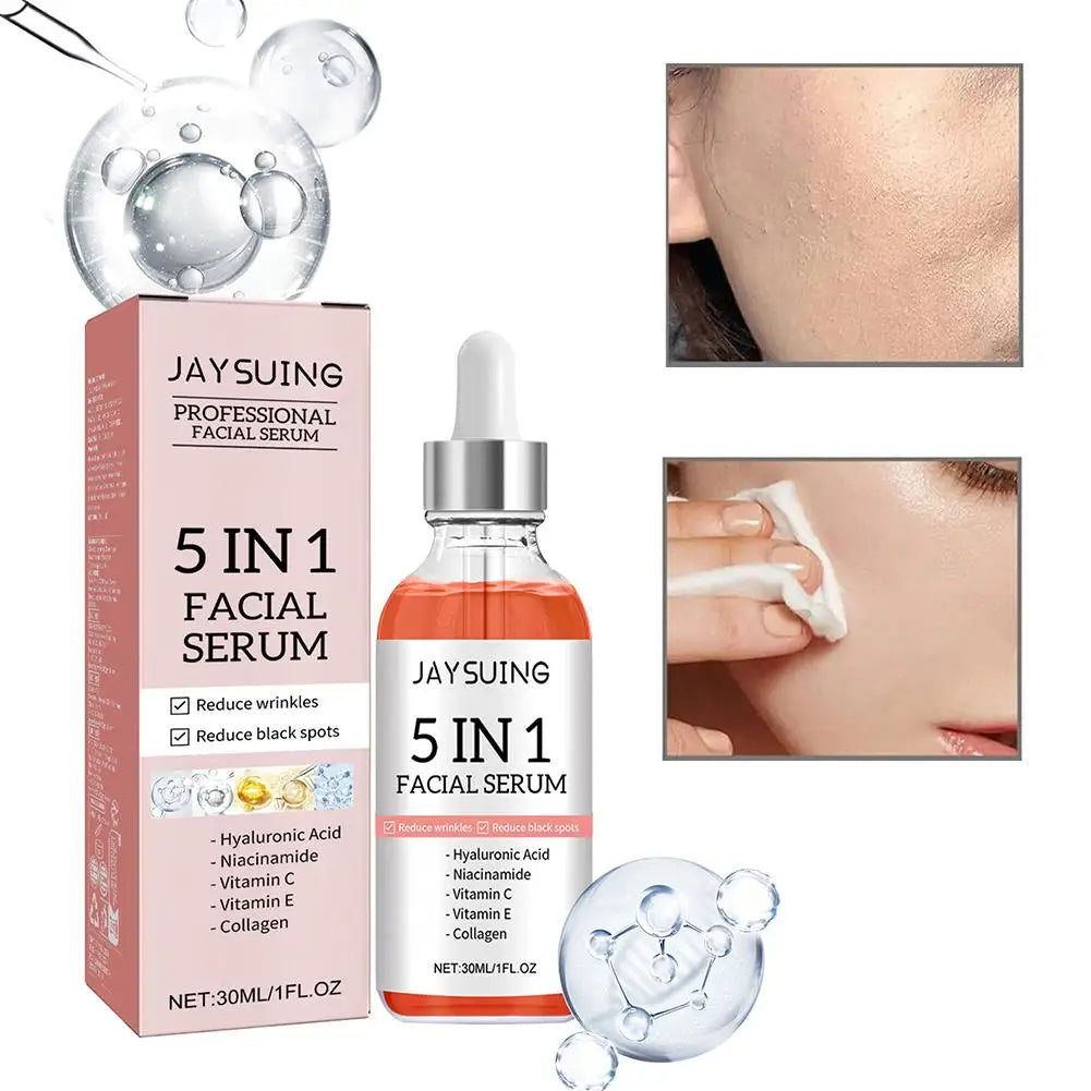 Sérum visage 5 en 1 : Atténue les ridules, raffermit, hydrate et illumine le teint, enrichi en vitamine C et en acide hyaluronique, resserre les pores. Soin de la peau