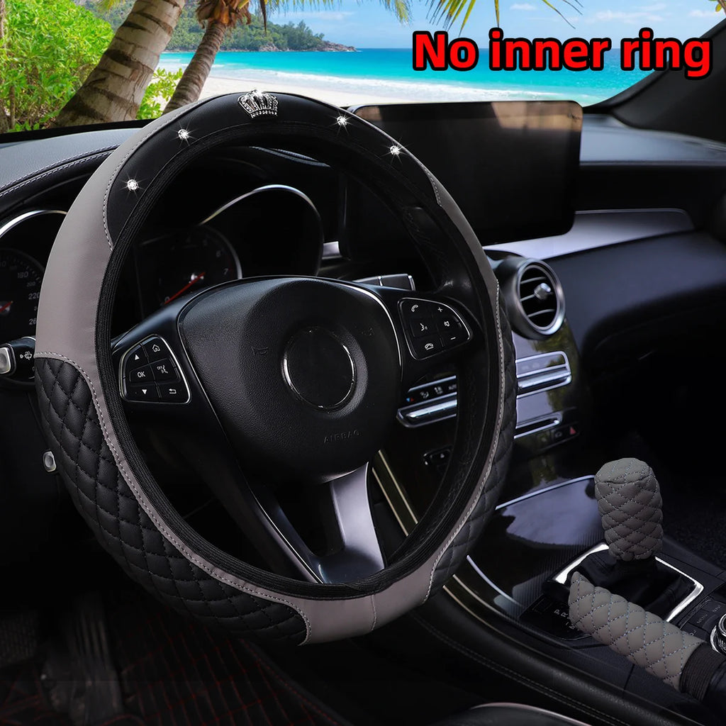 Couronne en cuir PU avec incrustations de diamants pour voiture, sans anneau intérieur, couvercle de volant, couvercle de changement de vitesse, couvercle de frein à main, 3 pièces