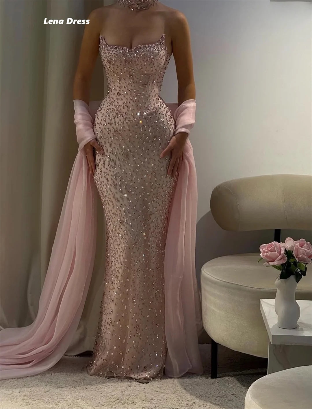 Robe de soirée Lena personnalisée pour femme, ornée de strass, élégante robe longue rose brillante, coupe sirène.