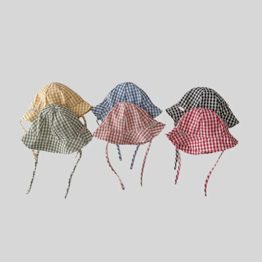Chapeau bob à carreaux style Instagram pour bébé, idéal pour le printemps et l'été, avec bord fin et large, protection solaire et sangle ajustable