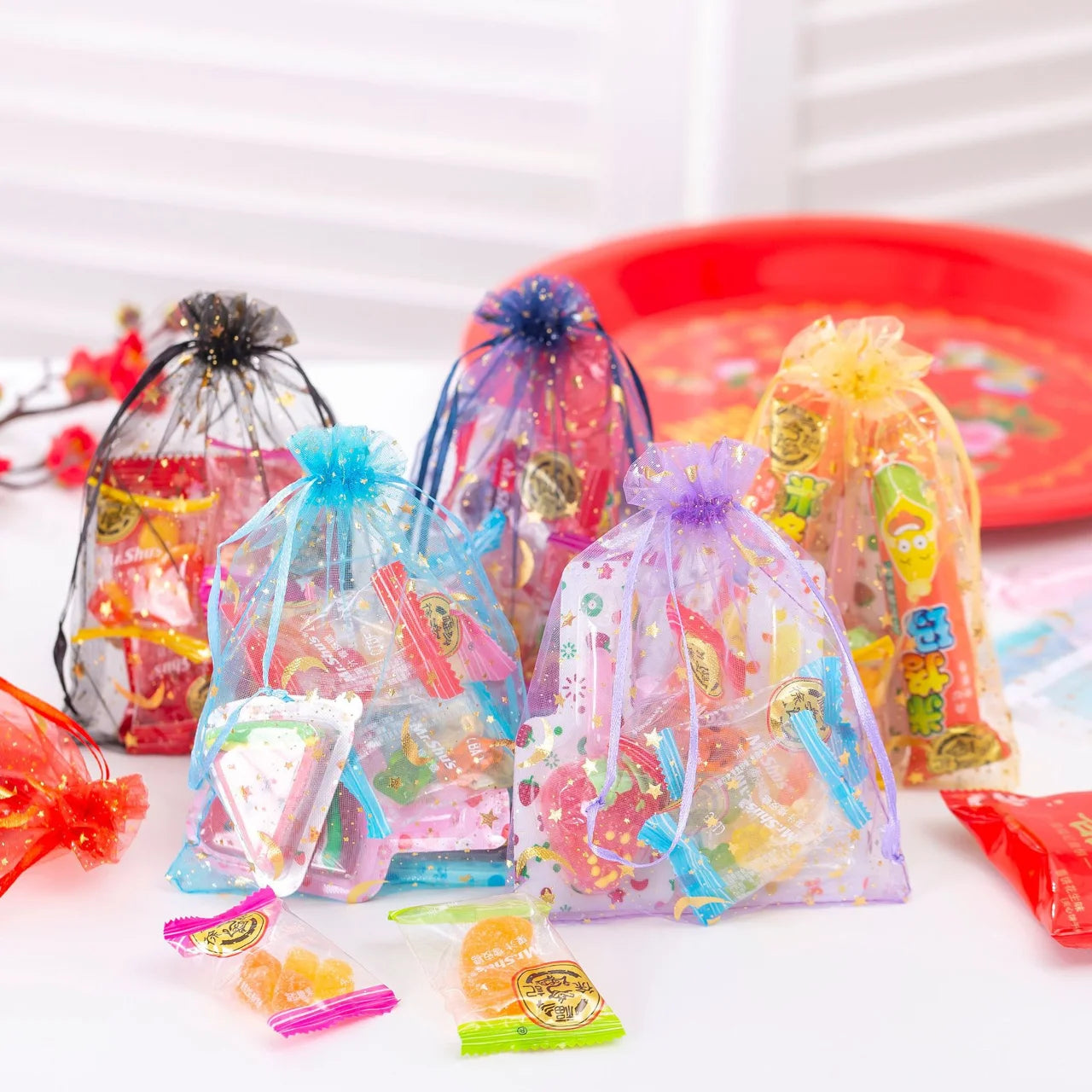 50PCS White Moon Stars Drawstring Organza Bags Jewelry Gift Bags Pouches Gold Star Organza Favor Pouches for Christmas Wedding