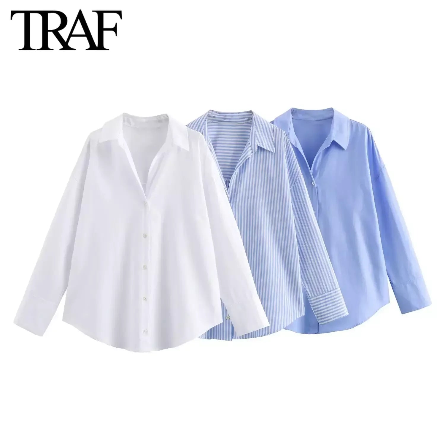 TRAF femmes mode printemps coton Oxford à manches longues simple boutonnage revers Blouse vêtements de rue chemise Chic dames hauts Mujer