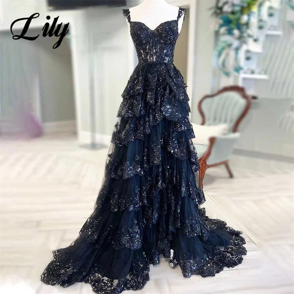 Robe de soirée bleu marine Lily, coupe trapèze, bustier cœur à volants, plis, fines bretelles, robe pour occasion spéciale, personnalisée