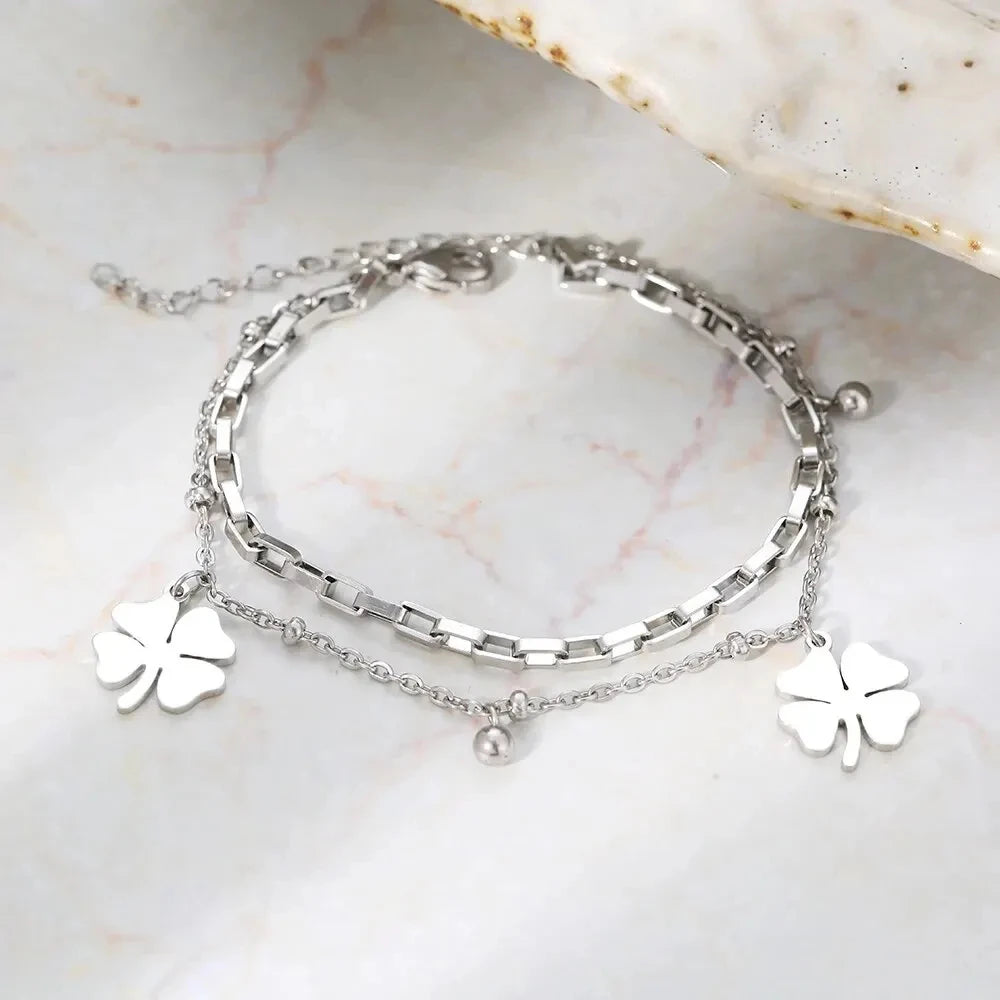 Clearance_Bracelets en acier inoxydable pour femmes, tendance, trèfles fins, pendentif, perles, chaîne en couche, bijoux festifs