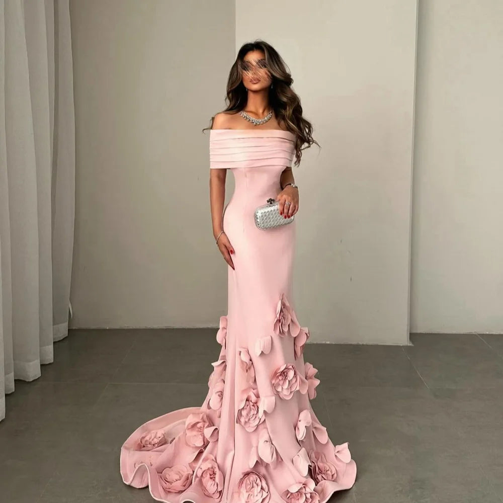 Robe de bal sirène sexy à épaules dénudées Mila, personnalisée, ornée de fleurs 3D et d'une traîne courte, longueur au sol, collection 2025