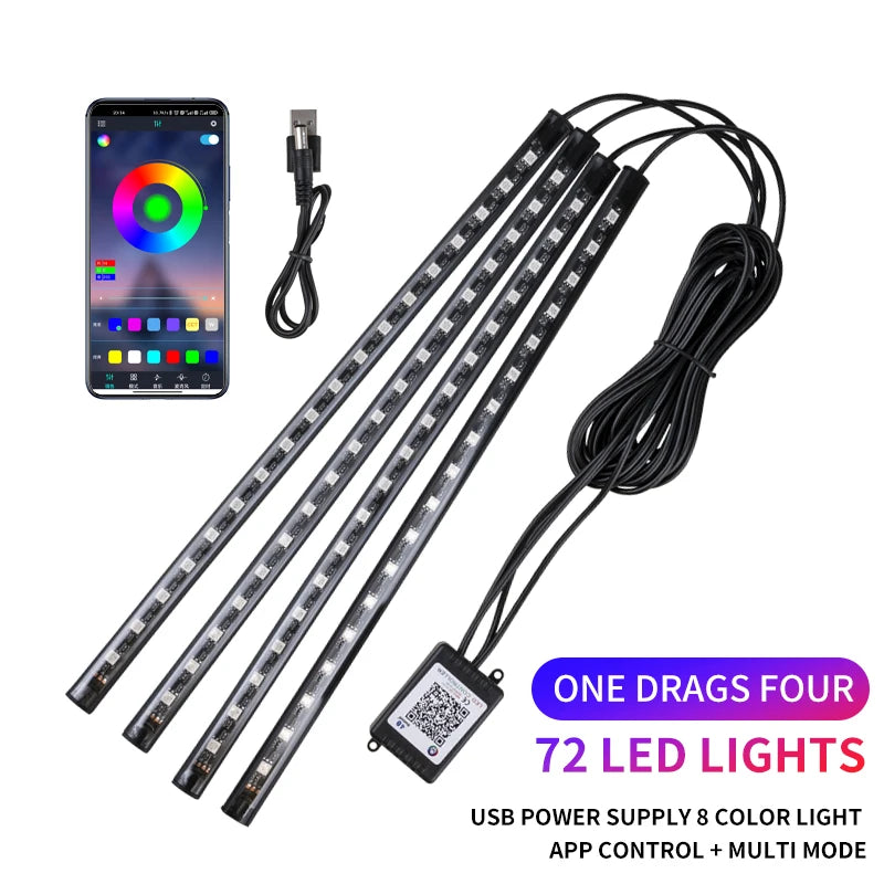 Bande LED néon 48 LED RGB pour éclairage d'ambiance au sol de voiture, avec port USB/prise allume-cigare et télécommande