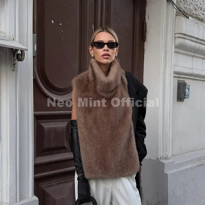 Neo Mint 2025 marque mode fausse fourrure Sable gilet haut court automne hiver col roulé Eco vison fourrure débardeurs sans manches veste manteau