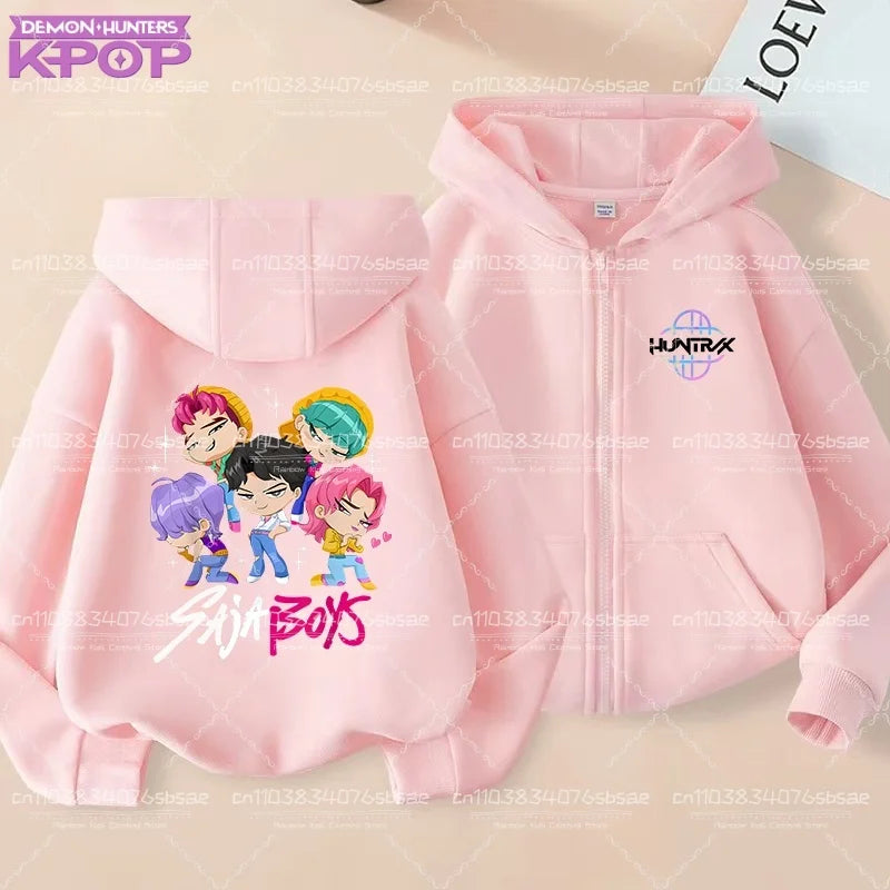Pull à capuche K-pop Demon Hunters pour enfants, style anime, veste zippée tendance, garçon/fille, printemps/automne