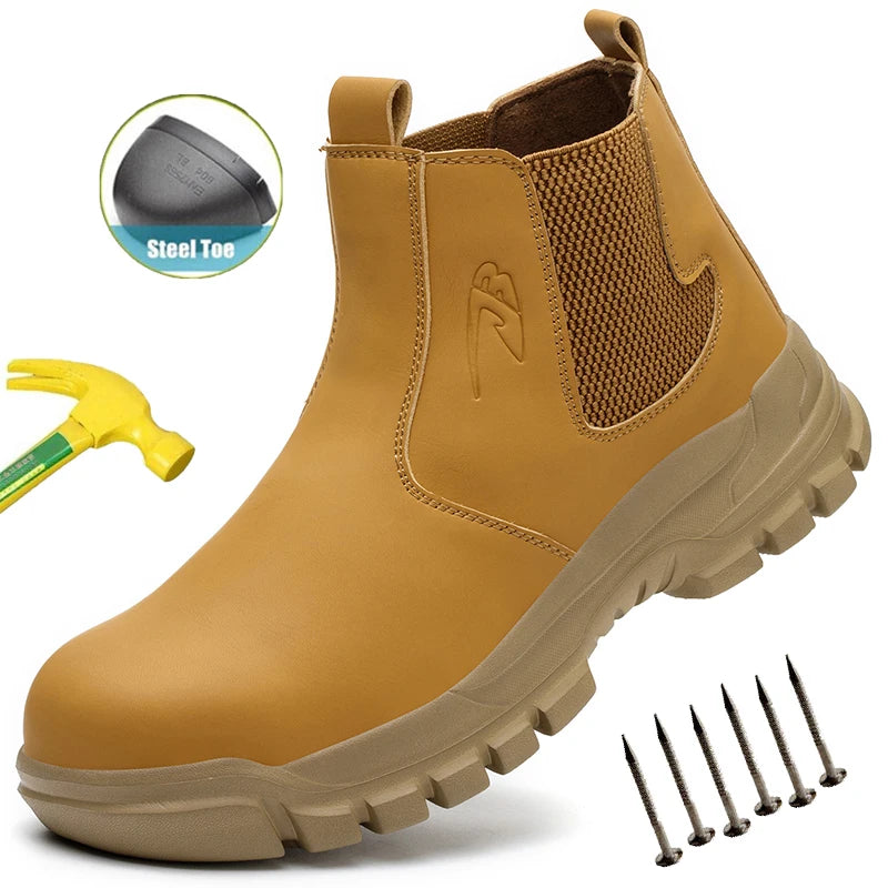 Chaussures de sécurité imperméables pour hommes, bottes en cuir à embout d'acier, chaussures de chantier indestructibles, baskets marron