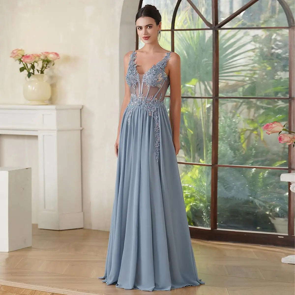 Robe de soirée bleu marine à fines bretelles, coupe trapèze, collection 2025, élégante robe de bal illusion ornée de perles et d'appliques, robe de gala