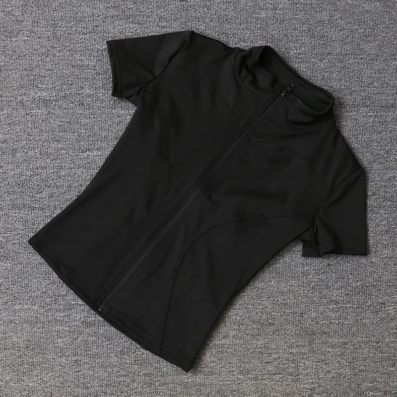 T-shirts de yoga à col montant et fermeture éclair intégrale, manches courtes