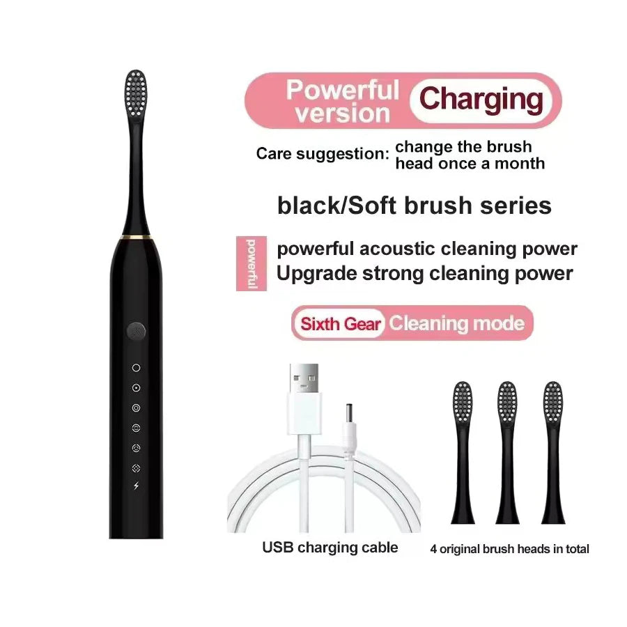 Brosse à dents électrique ultrasonique, Mode à Six vitesses, cheveux doux, chargement USB, étanche, nettoyeur de dents pour adulte, ensemble automatique pour Couple