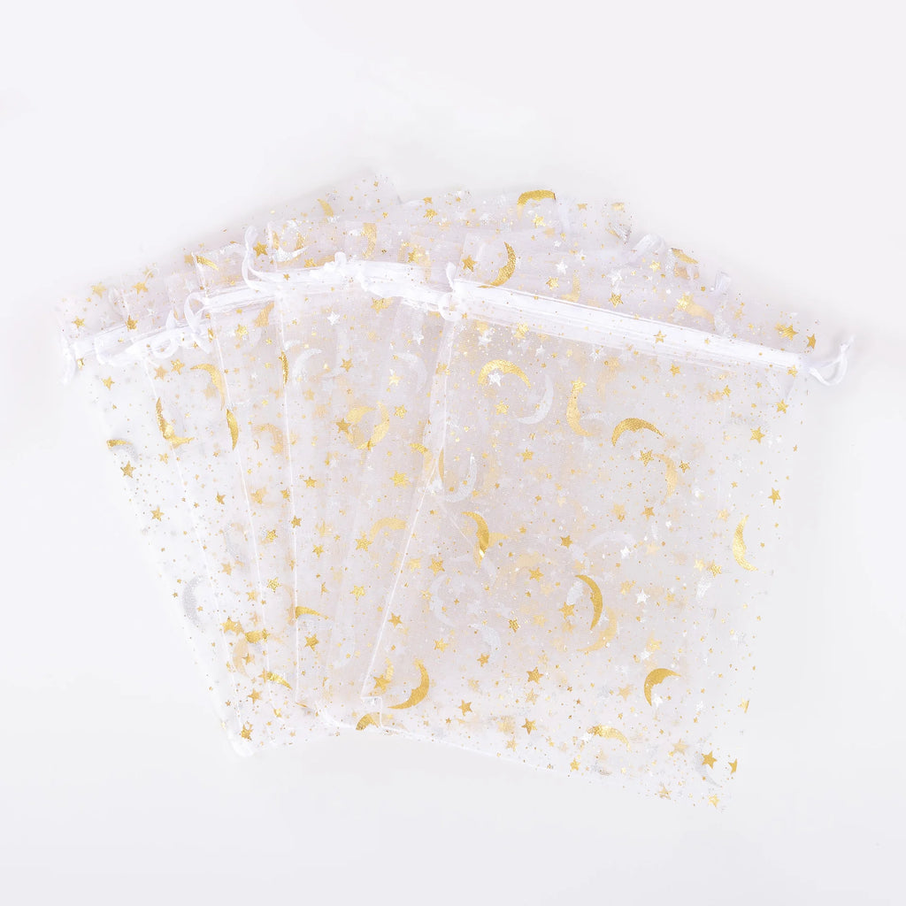 50PCS White Moon Stars Drawstring Organza Bags Jewelry Gift Bags Pouches Gold Star Organza Favor Pouches for Christmas Wedding