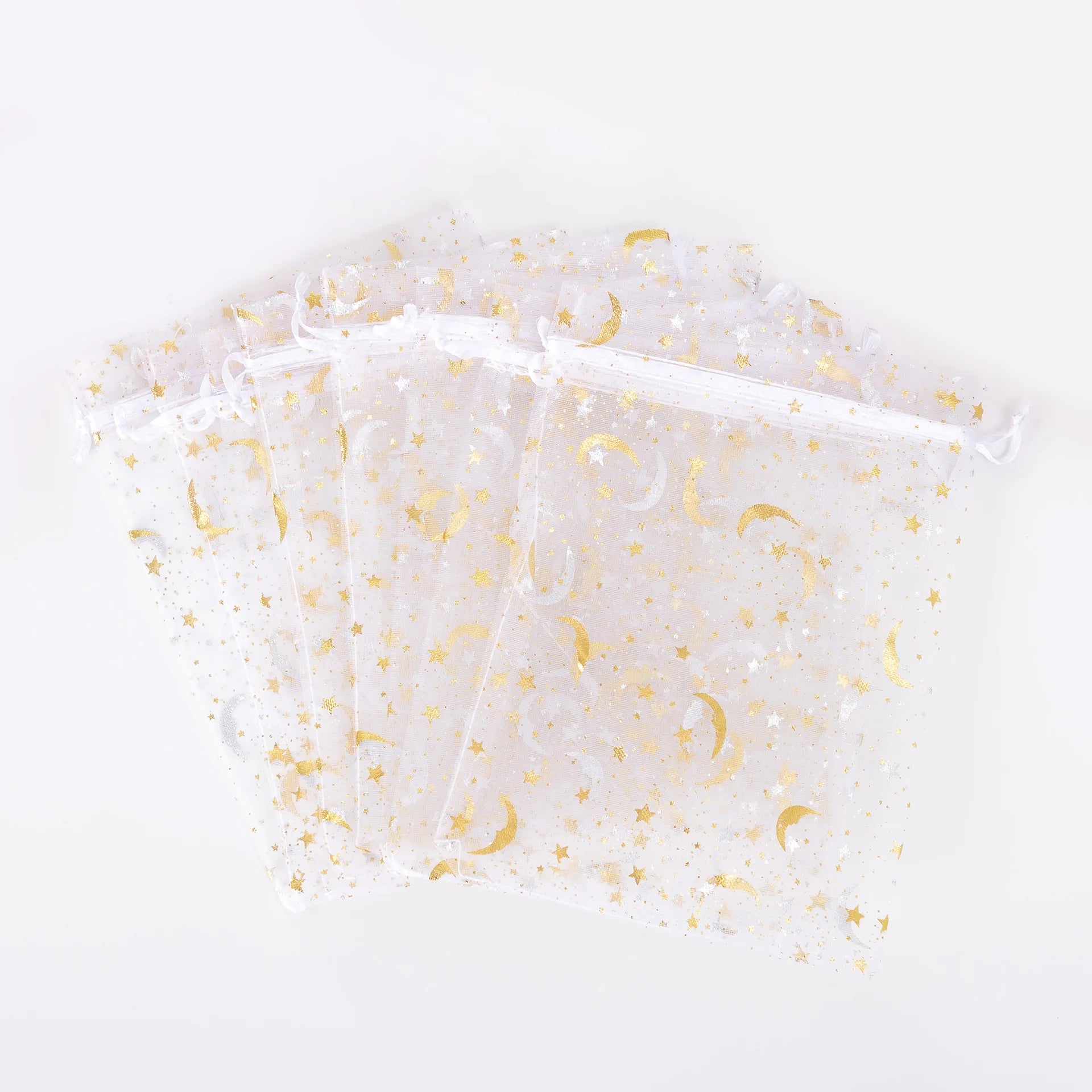 50PCS White Moon Stars Drawstring Organza Bags Jewelry Gift Bags Pouches Gold Star Organza Favor Pouches for Christmas Wedding