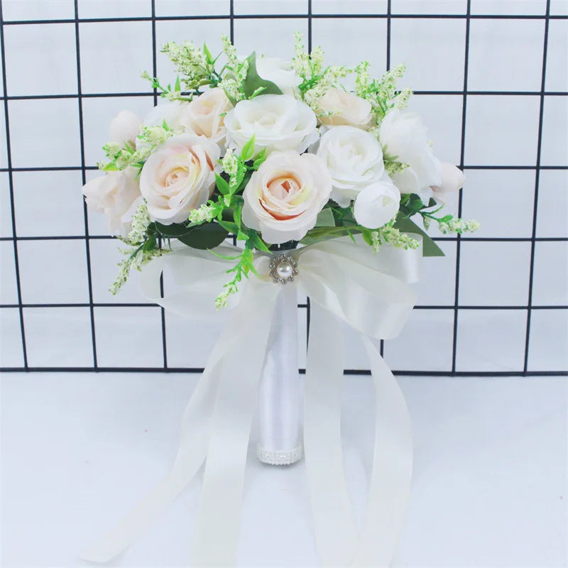 Bouquet de mariée et demoiselle d'honneur en fleurs de soie blanches roses artificielles faites main accessoires de mariage