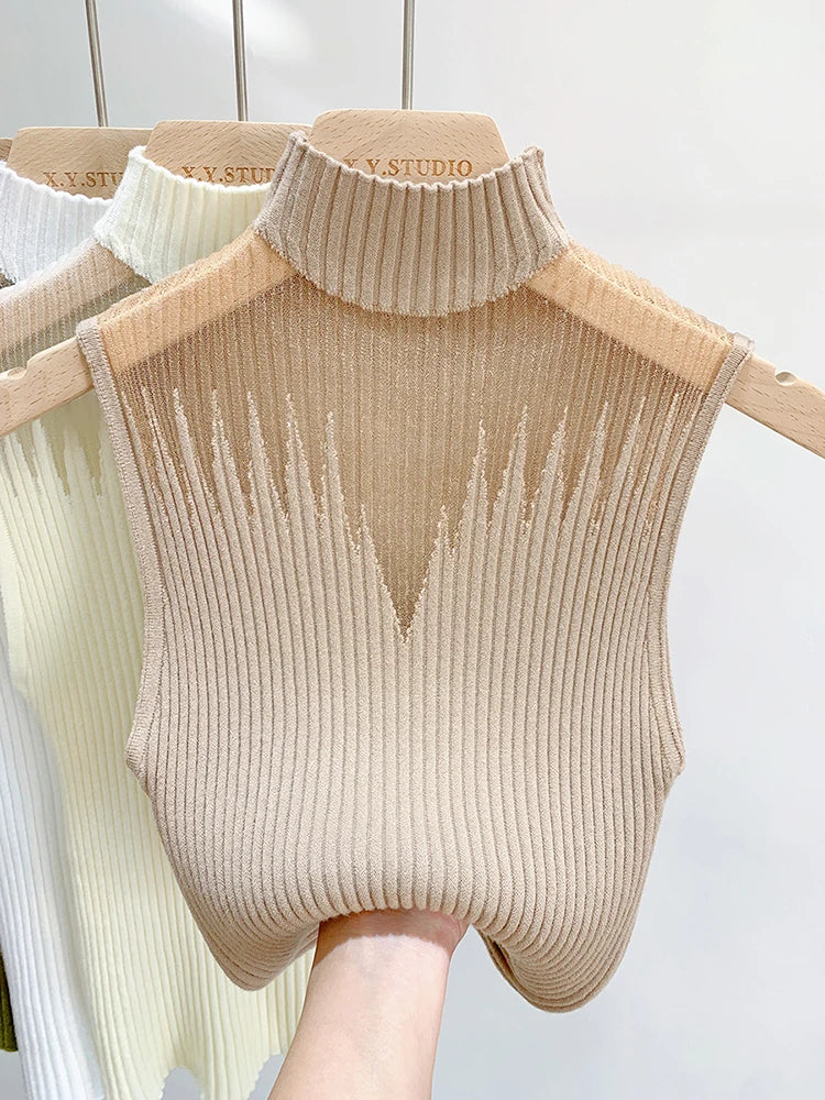 Maille Haut Tricoté Femmes Y2K Débardeur Demi-Cou Gilet Femme Pull Sans Manches Chic Découpé Streetwear Solide Skinny Bustier Tubulaire
