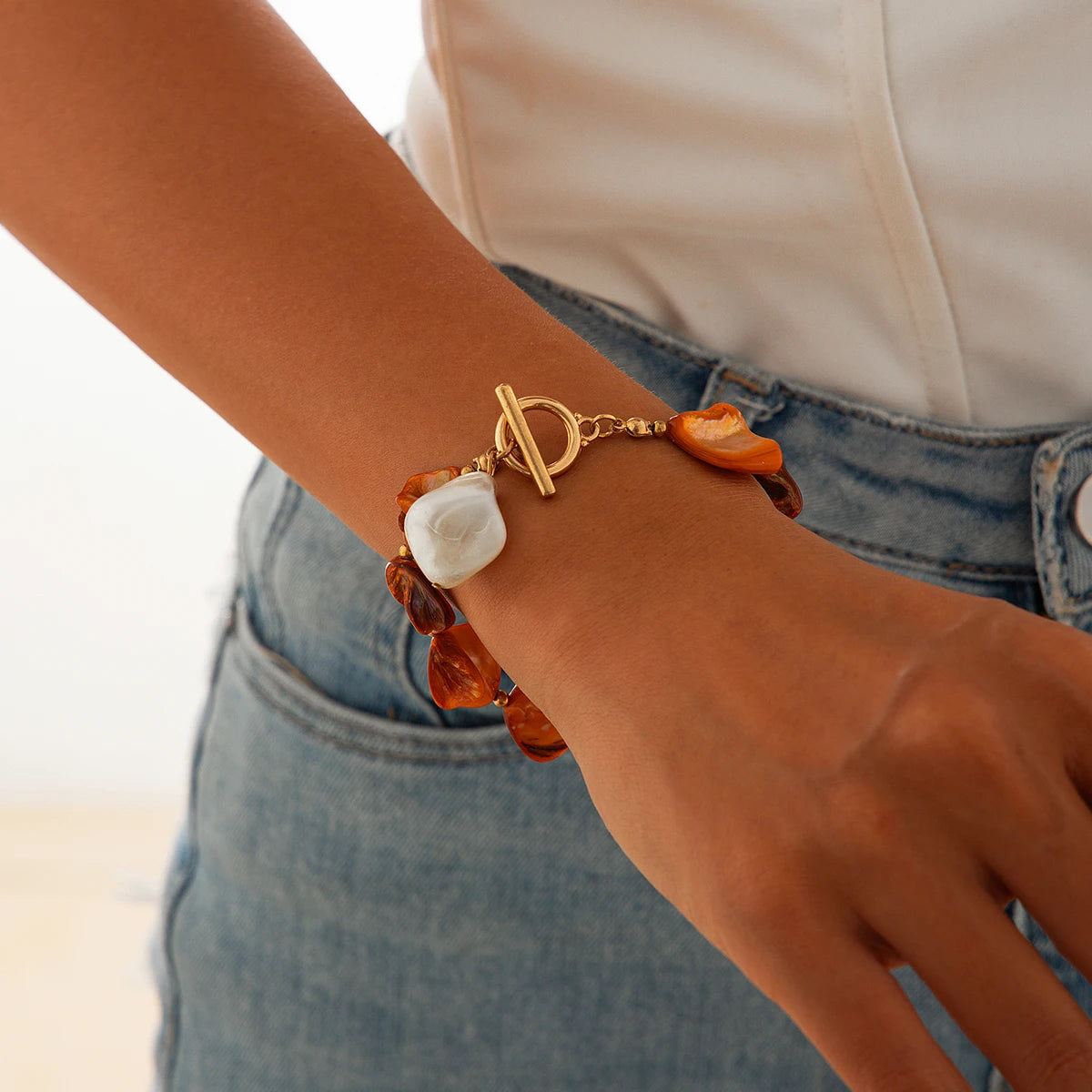Bracelets Ingemark multicolores bohèmes à maillons irréguliers pour femmes, style Kpop, boucle OT, pendentif conque, bijoux de main esthétiques Y2K