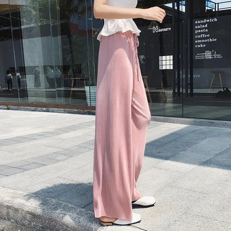 Pantalon d'été ample et confortable pour femme, à jambes larges et plissé, en soie glacée, taille élastique