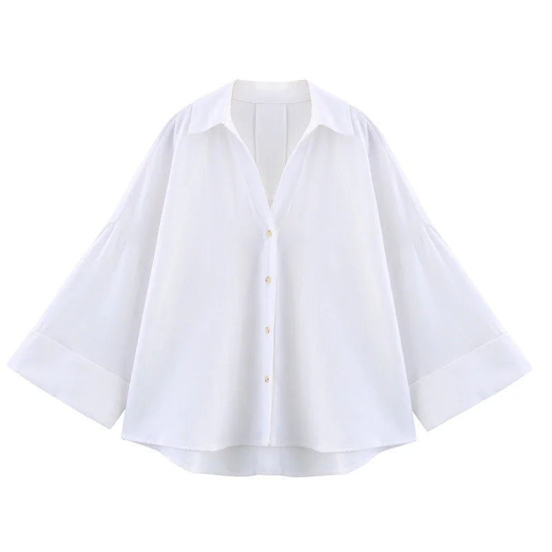 Chemisiers tendance printemps/été 2025 pour femmes - Chemises à manches longues et col en V, couleur unie, tenue de bureau élégante