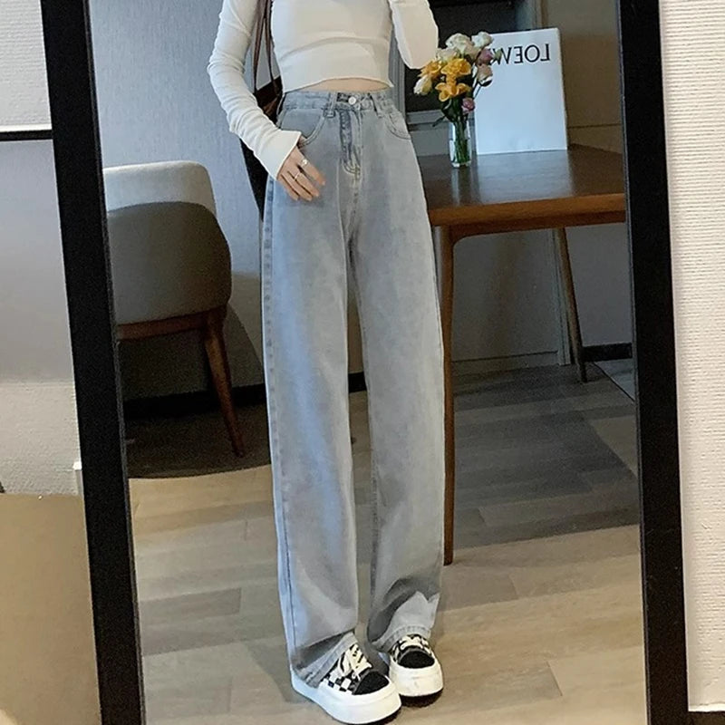 Jean Vintage à jambes larges pour filles, pantalon taille haute, mode féminine, noir, gris, rétro, bleu clair, rose, Denim