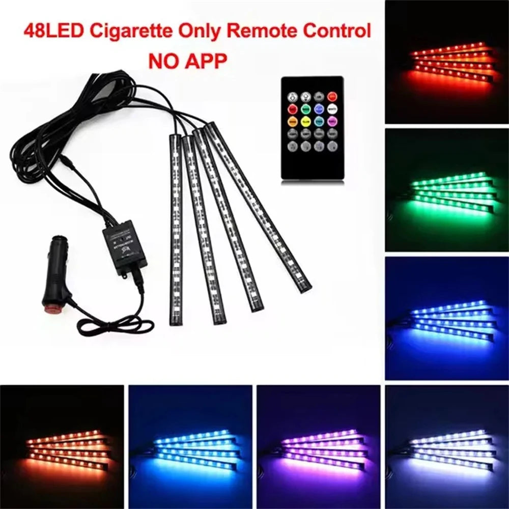 Bande LED néon 48 LED RGB pour éclairage d'ambiance au sol de voiture, avec port USB/prise allume-cigare et télécommande