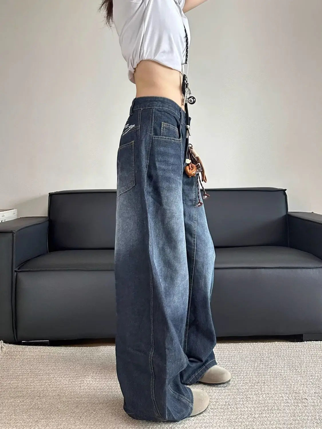 Jean en Denim brodé pour femmes, élégant, Chic, élégant, Patchwork, Vintage, drapé, droit, coupe ample, amincissant, polyvalent
