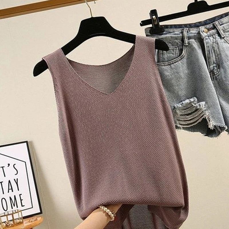 Blusas Mujer De Moda 2024 Blouse femmes été sans manches tricoté Blouse chemise femmes vêtements col en v Blouse haut pour femme chemises C855