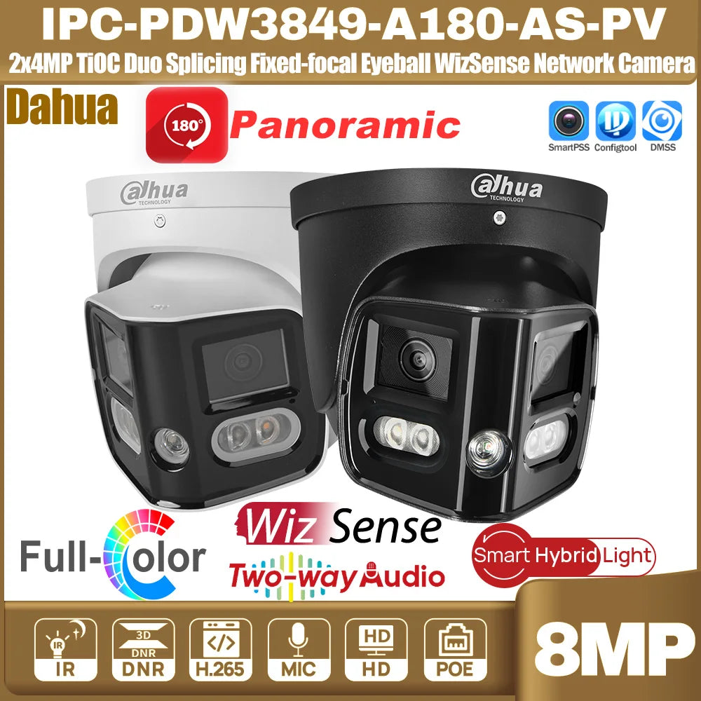 Caméra réseau Dahua IPC-PDW3849-A180-AS-PV 2x4MP 180° TiOC Duo à focale fixe avec vision binaurale WizSense et son et lumière