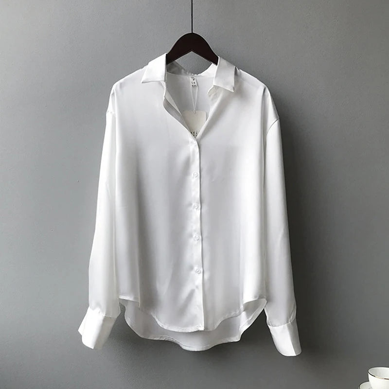 Chemise en Satin pour femmes, élégante, ample, col rabattu, chemisier pour dames, Vintage, décontracté, boutons, hauts en soie, printemps, automne