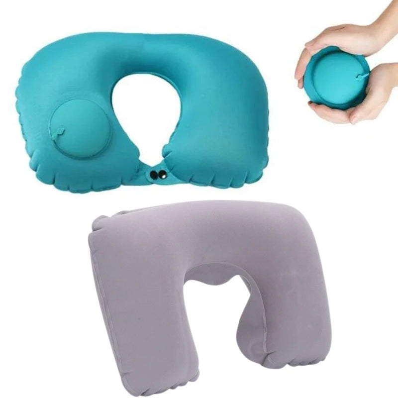 Oreiller gonflable à presser pour détendre la nuque. Oreiller de voyage en forme de U, pliable et portable, avec système anti-fuite. Oreiller en forme de U classique
